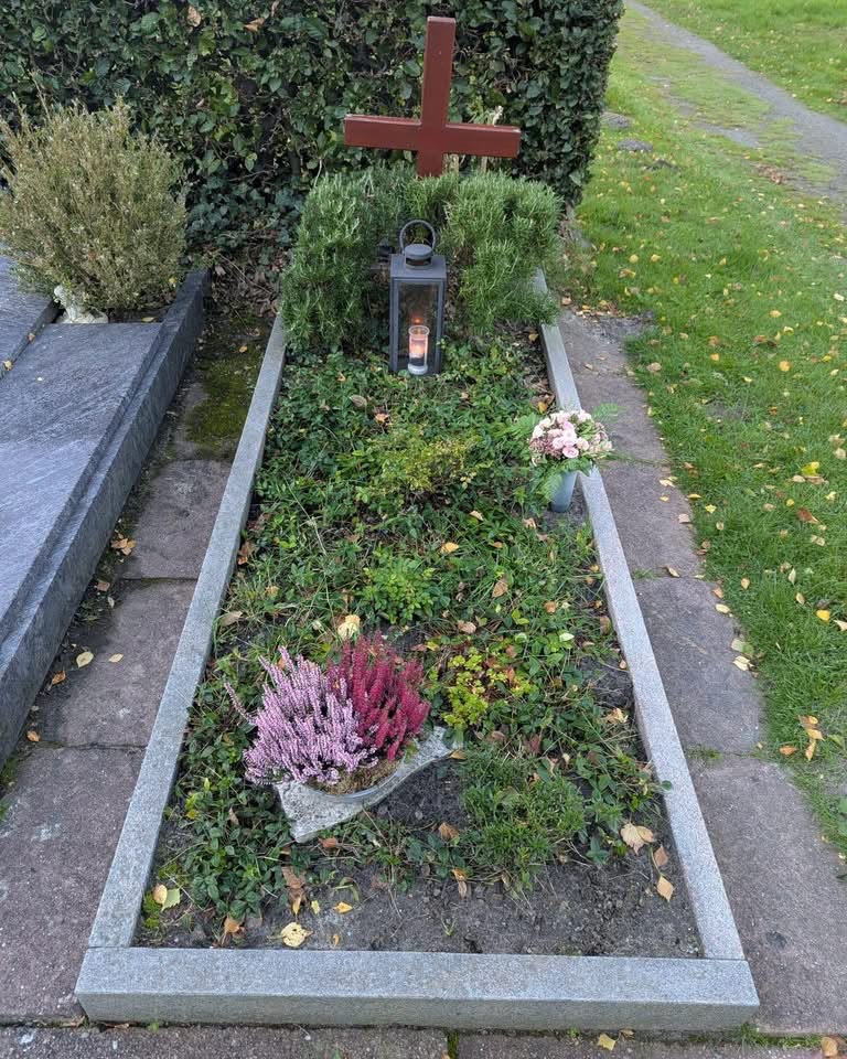 Grabstätte vor der Neugestaltung mit verblühter Herbstbepflanzung